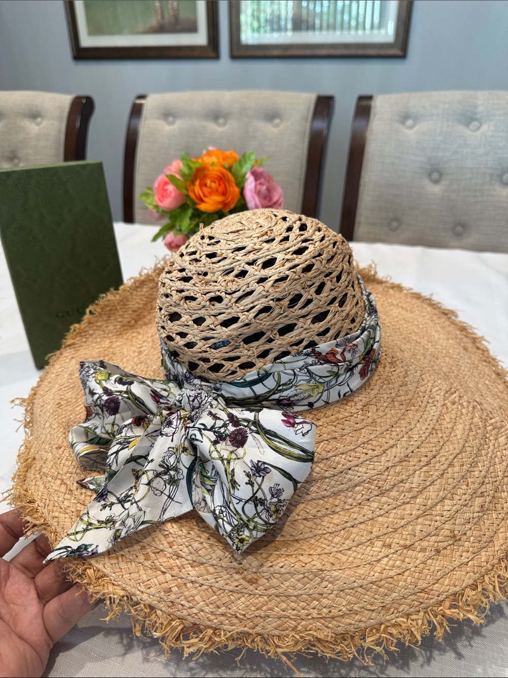 Authentic Gucci Natural Straw Sun Hat with Floral Silk Bow